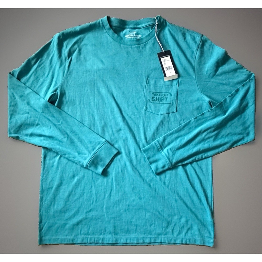 New Vineyard Vines Long Sleeve T-Shirt Blue Teal Hockey Theme Pocket Large JBHS